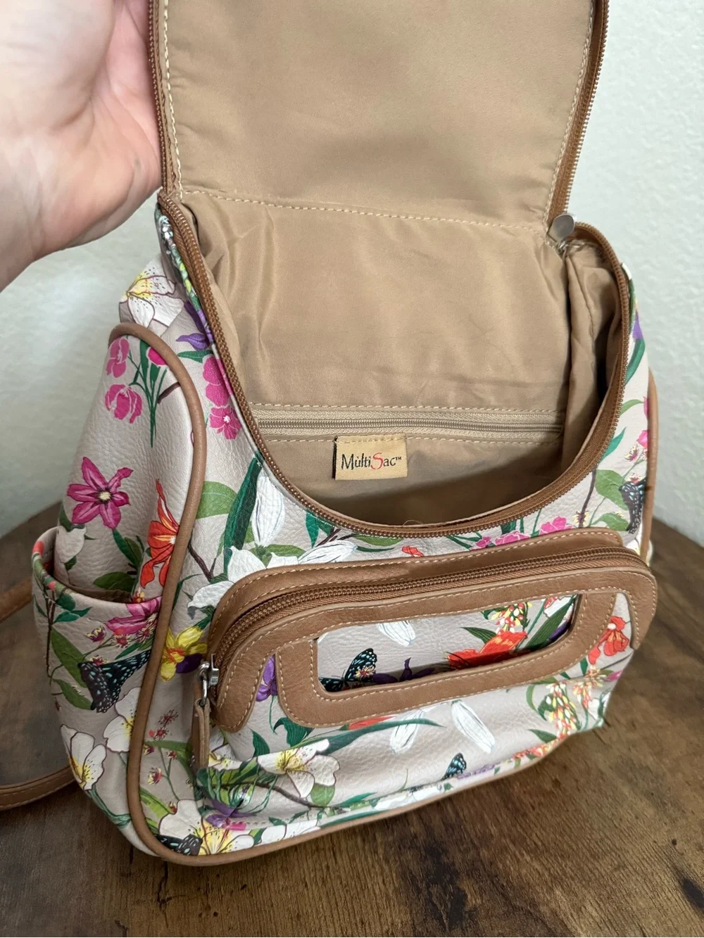 Multisac Adele Floral with Brown Trim Backpack